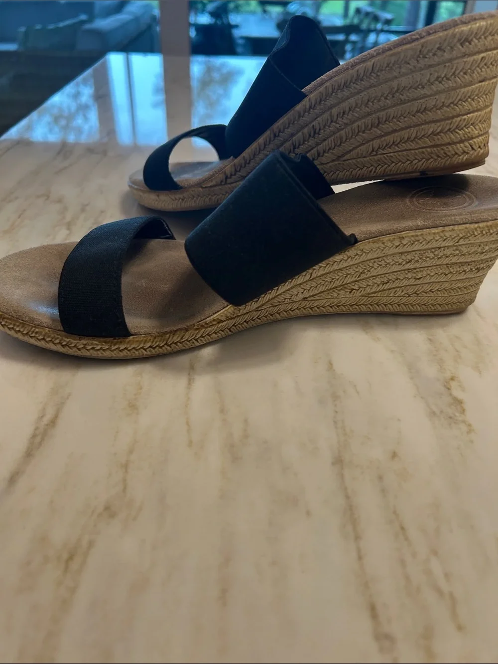 CHARLESTON SHOE CO. Black Two-Strap Espadrille Wedge Slides